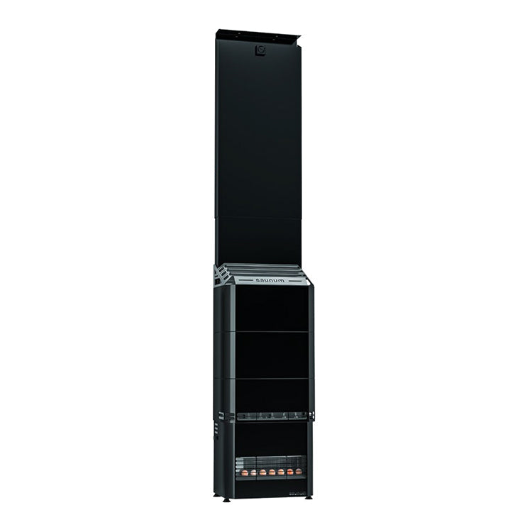 The Saunum Air 10 Sauna Heater by Saunum is a tall, black electric unit with a slim vertical design, front controls, exposed heating coils, and an extended top section featuring a built-in climate equalizer.