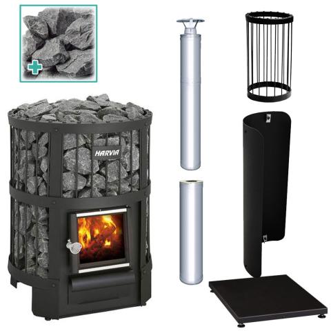 The Harvia Legend 150 Sauna Stove Package with Chimney by Harvia features a black wood-fired stove filled with stones, glowing fire, loose sauna stones, metal chimney pipe and shield, black metal guard, and a rectangular black base.