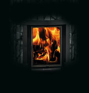 A close-up of the Harvia Legend 240 GreenFlame Sauna Stove by Harvia, featuring a glass door that reveals bright orange flames burning wood inside against a dark background.