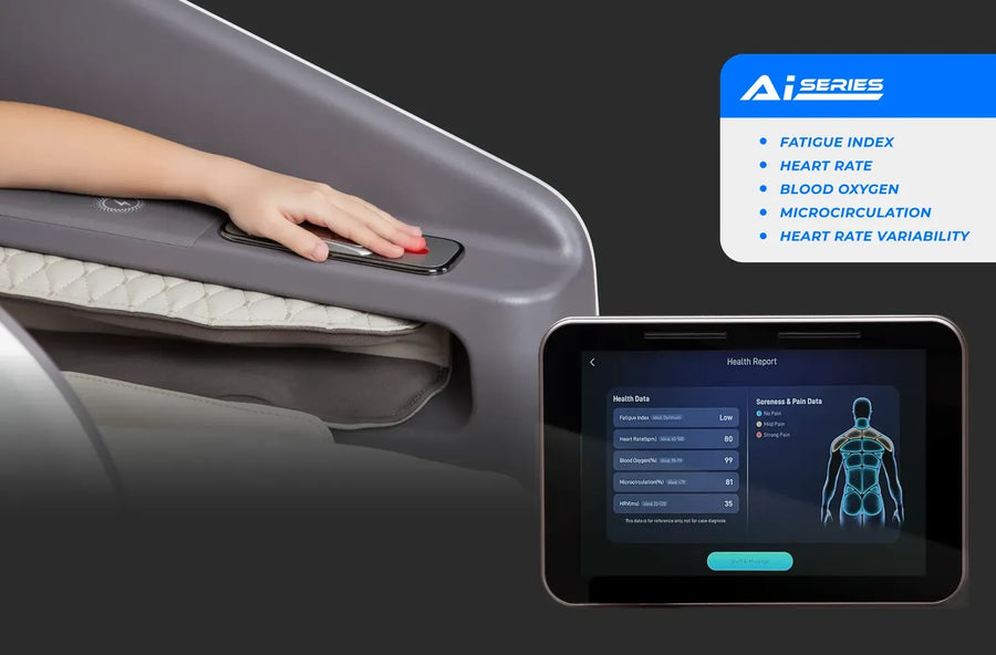 A close-up of a hand pressing a button on the Osaki Flagship Duo Massage Chair shows a screen with health data like heart rate and fatigue. A blue label highlights Osaki’s advanced AI technology for personalized comfort.