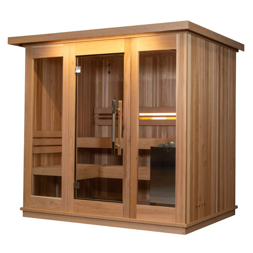 The Almost Heaven Denali 6 Person Indoor Sauna by Almost Heaven features modern cedar construction, glass front doors and side panels, an interior bench, and a visible heater—bringing luxury to your relaxation space.