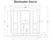 Cross-section technical drawing of the Almost Heaven BlackWater 4 Person Cube Sauna showing labeled cedar exterior/interior dimensions, benches, and door placements; measures 72" wide by 86" high—perfect as an outdoor sauna. Brand: Almost Heaven.