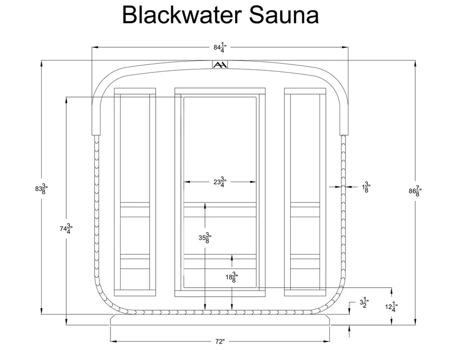 Cross-section technical drawing of the Almost Heaven BlackWater 4 Person Cube Sauna showing labeled cedar exterior/interior dimensions, benches, and door placements; measures 72" wide by 86" high—perfect as an outdoor sauna. Brand: Almost Heaven.