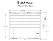 Black and white diagram of the Almost Heaven BlackWater 4 Person Cube Sauna, showing key dimensions: 84.5" width, 71" height, bench heights of 24" and 20", plus heater and door placement. Brand: Almost Heaven.