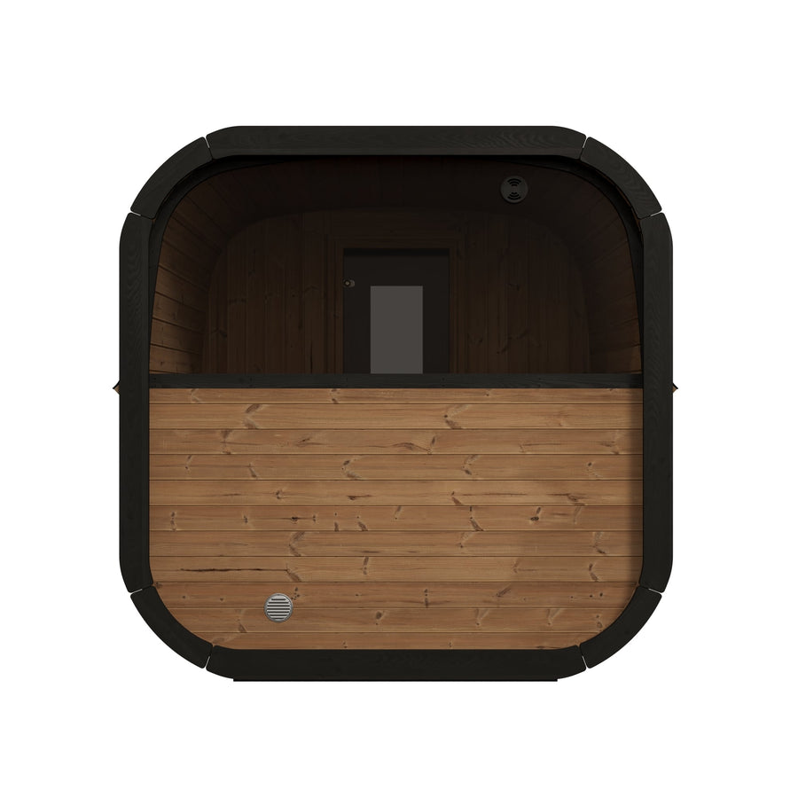 Front view of the SaunaLife 8 Person Cube Series Luxury Outdoor Sauna with Changeroom—sleek black rounded edges, central windowed door, and bottom left vent. Ideal as an outdoor DIY or luxury suite. Brand: SaunaLife. Set on a white background.