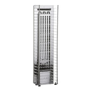 The HUUM CLIFF Mini Series 4kW Sauna Heater Package by HUUM features a sleek, gridded metal rack with horizontal shelves—ideal for organizing accessories or storing items near your electric sauna heater in compact spaces.