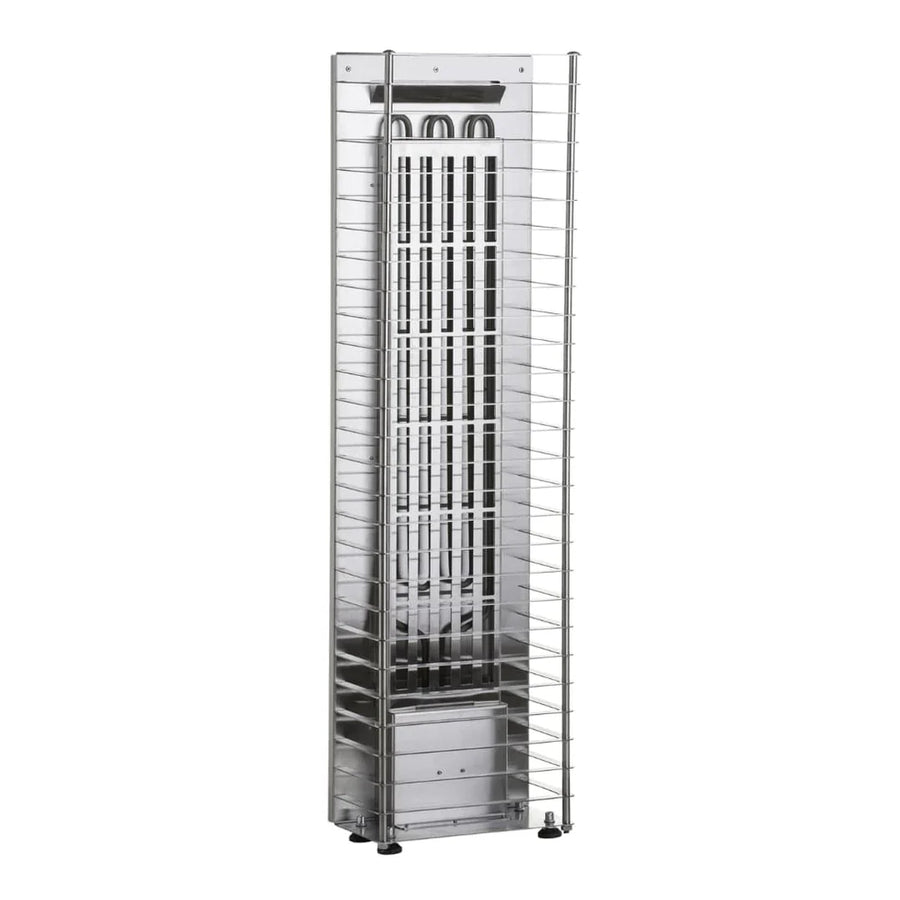 The HUUM CLIFF Mini Series 4kW Sauna Heater Package by HUUM features a sleek silver design that complements tall, vertical metal racks with multiple wire shelves, ideal for organizing sauna spaces.