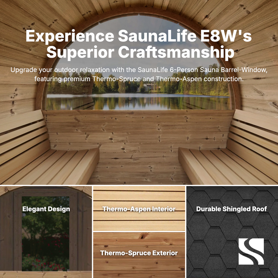 Experience the SaunaLife Model E8W 6 Person Sauna Barrel-Window—featuring a thermo-aspen interior, Thermo-Spruce exterior, benches, a large window, and shingled roof—an elegant outdoor retreat by SaunaLife.