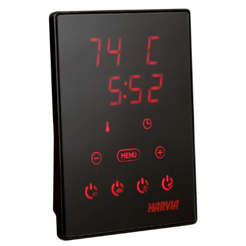A black touchscreen control panel with red LED display (74°C, 5:52) and control icons, branded Almost Heaven—perfect for the precise operation of your Almost Heaven Cascade 4 Person Indoor Sauna.