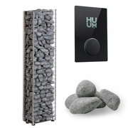 The HUUM CLIFF Mini Series 4kW Sauna Heater Package by HUUM includes a tall electric heater, gray sauna stones, and a sleek black touchscreen control panel—ideal for stylish, efficient heating in small home saunas.