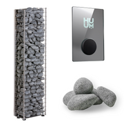 The HUUM CLIFF Mini Series 4kW Sauna Heater Package features a tall, metal-framed electric heater with sauna stones and a glass HUUM control panel—perfect for small home saunas. Extra gray sauna stones are also included.