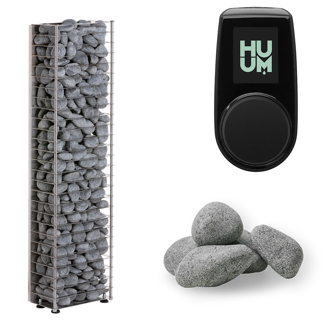 The HUUM CLIFF Mini Series 4kW Sauna Heater Package features a tall metal heater filled with gray stones on the left, a black HUUM digital control panel at the top right, and loose gray stones at the bottom right.