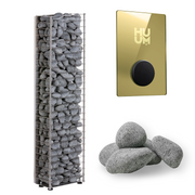 The HUUM CLIFF Mini Series 4kW Sauna Heater Package by HUUM is a tall metal electric heater with gray stones and a gold control panel, plus extra stones—ideal for small home saunas—all shown on a white background.