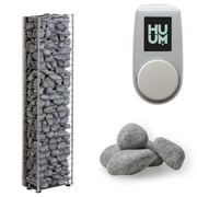 The HUUM CLIFF Mini Series 4kW Sauna Heater Package is a compact metal electric sauna heater for small home saunas, featuring a digital HUM display and loose gray stones, shown on a white background.
