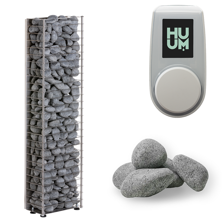 A tall, rectangular HUUM CLIFF Mini Series 4kW Sauna Heater stands filled with gray stones next to a pile of loose sauna stones, while a digital control panel from HUUM displays "HUM" on its screen.