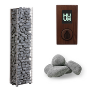 The HUUM CLIFF Mini Series 4kW Sauna Heater Package features a tall metal basket design with gray sauna stones, a few extra loose stones, and a wooden electronic control panel labeled HUUM—perfect for small home saunas.