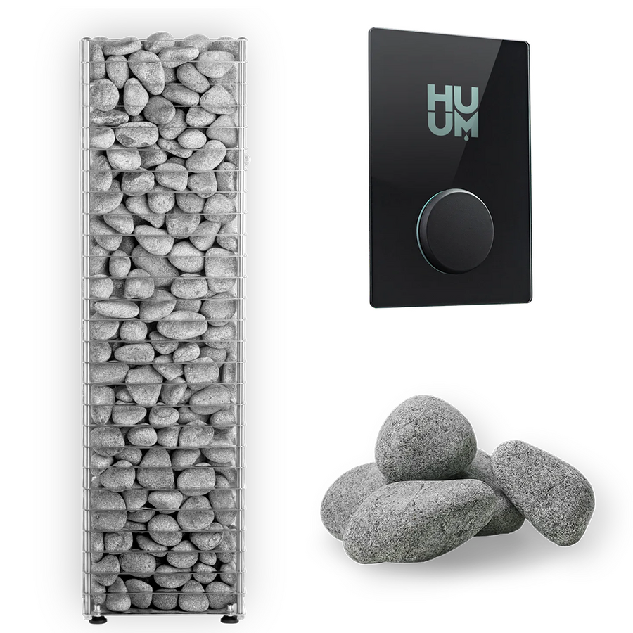 The HUUM CLIFF Series 11kW Sauna Heater Package features a tall metal-framed heater filled with gray stones, displayed beside a black control panel and several loose gray stones. Brand: HUUM.