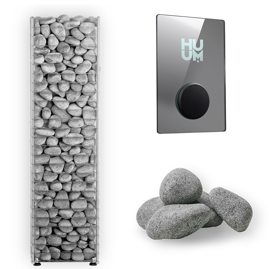 A tall, rectangular HUUM CLIFF Series 11kW Sauna Heater by HUUM stands next to a sleek touch control panel and a small pile of loose gray sauna stones.