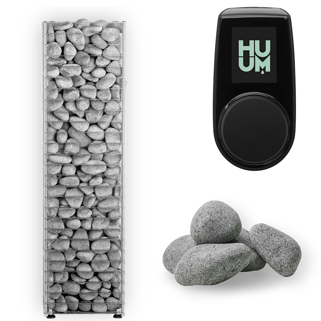 The HUUM CLIFF Series 11kW Sauna Heater Package, featuring a tall electric heater filled with gray stones, a black HUUM control panel, and extra sauna stones, is shown on a white background.