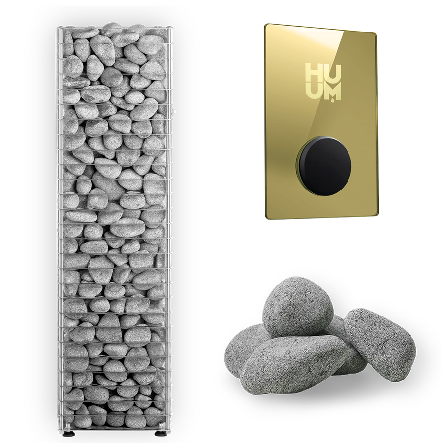 A HUUM CLIFF Series 11kW Sauna Heater Package stands tall and rectangular beside a gold HUUM control panel with round sauna stones inside the heater and a small pile of gray stones nearby.