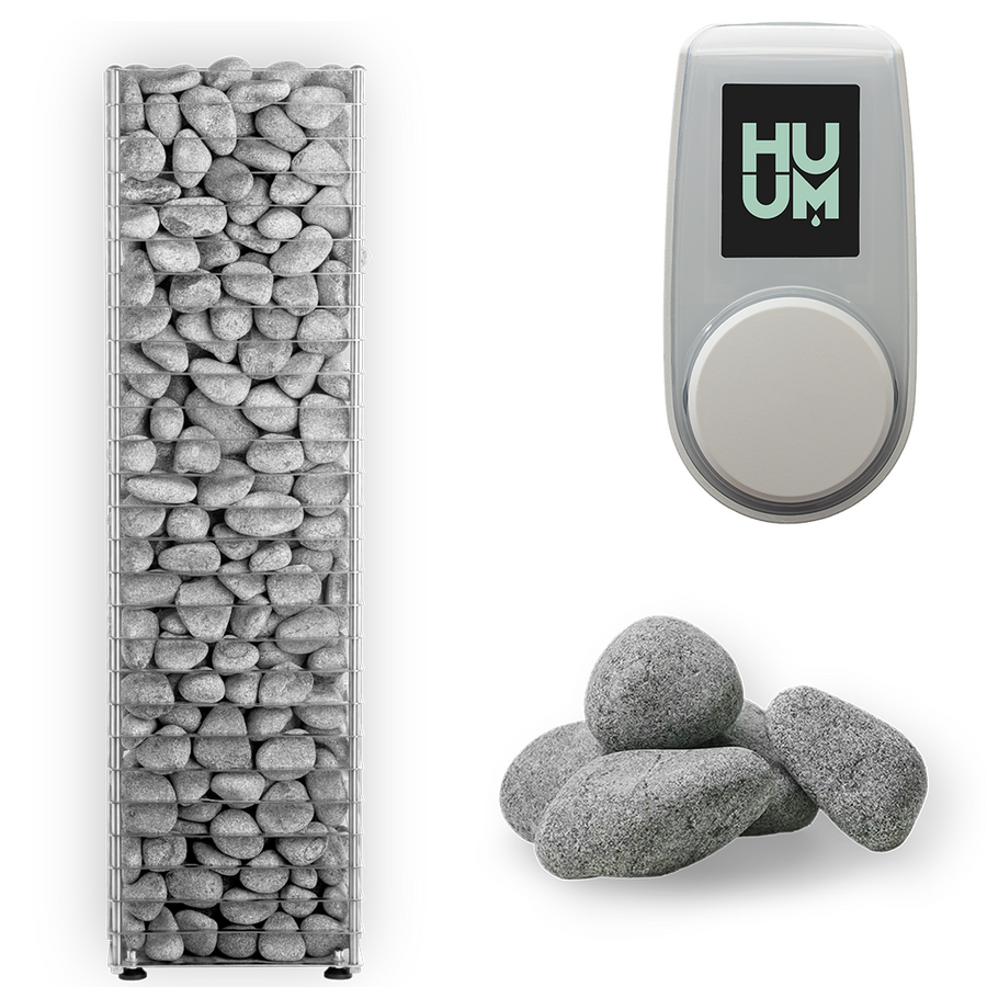 A tall HUUM CLIFF Series 11kW sauna heater filled with gray stones, a pile of loose sauna stones, and a modern gray HUUM control device with display on a white background.
