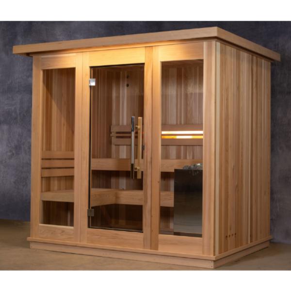 The Almost Heaven Denali 6 Person Indoor Sauna by Almost Heaven features cedar construction, glass doors and panels, an interior bench, and warm lighting, all set against a dark background for a luxurious look.
