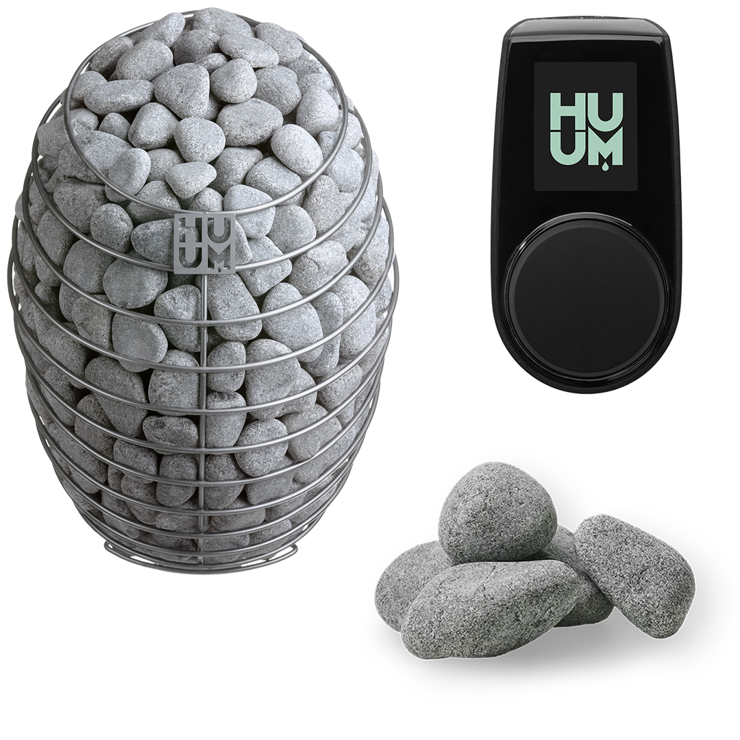 The HUUM DROP Series 7.5kW Sauna Heater Package by HUUM is shown on a white background, featuring the metal cage heater filled with smooth gray stones and an additional pile of similar stones displayed separately.