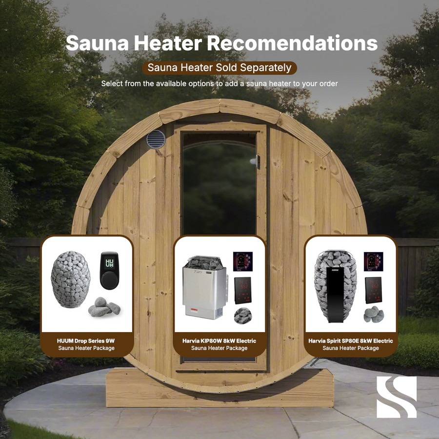 The SaunaLife Model E7W 4 Person Sauna Barrel-Window by SaunaLife is shown in a garden. Below the outdoor barrel sauna, images and descriptions of three ergonomic sauna heater options appear. Text above says "Sauna Heater Recommendations.