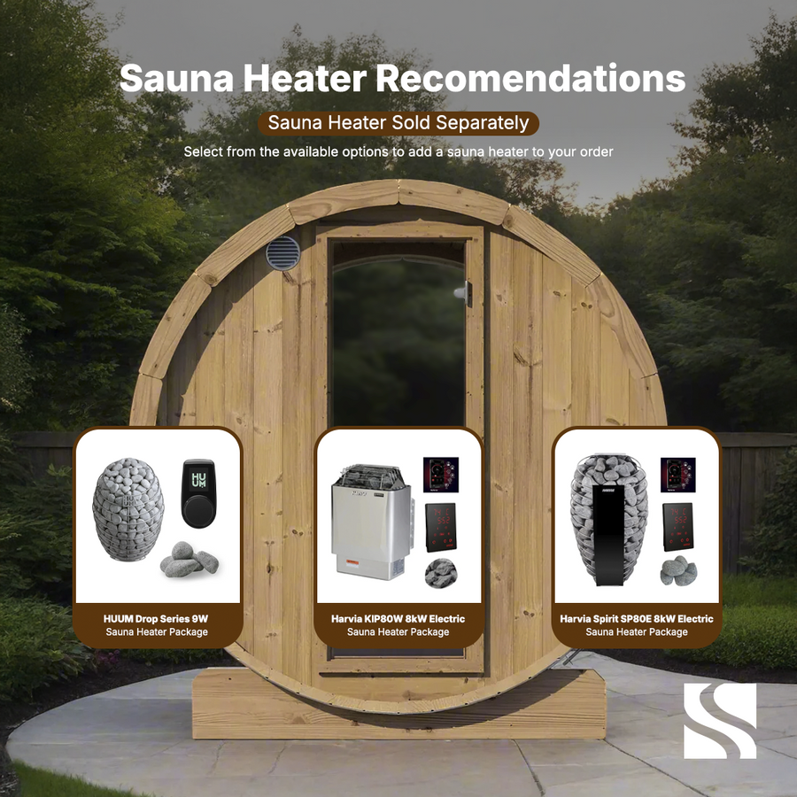 A SaunaLife Model E8W 6-Person Barrel-Window sauna stands on a patio. Three heater options are shown: HUUM Drop Series 9kW, Harvia KIP80W 8kW Electric, and Harvia Spirit SP80E 8kW Electric.