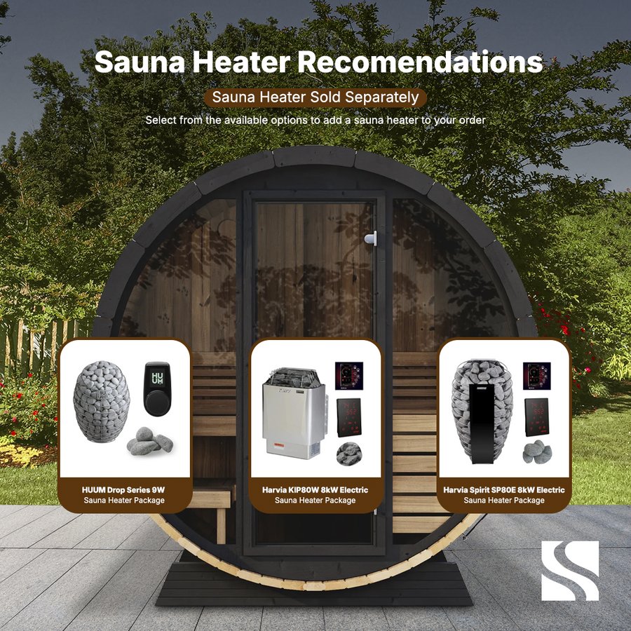 Displayed with the SaunaLife Model EE6G 4 Person Barrel Sauna are top heater picks: HUUM Drop Series 9kW, Harvia KIP80W 8kW Electric, and Harvia Spirit SP80E 8kW Electric—perfect for enhancing your home sauna experience.