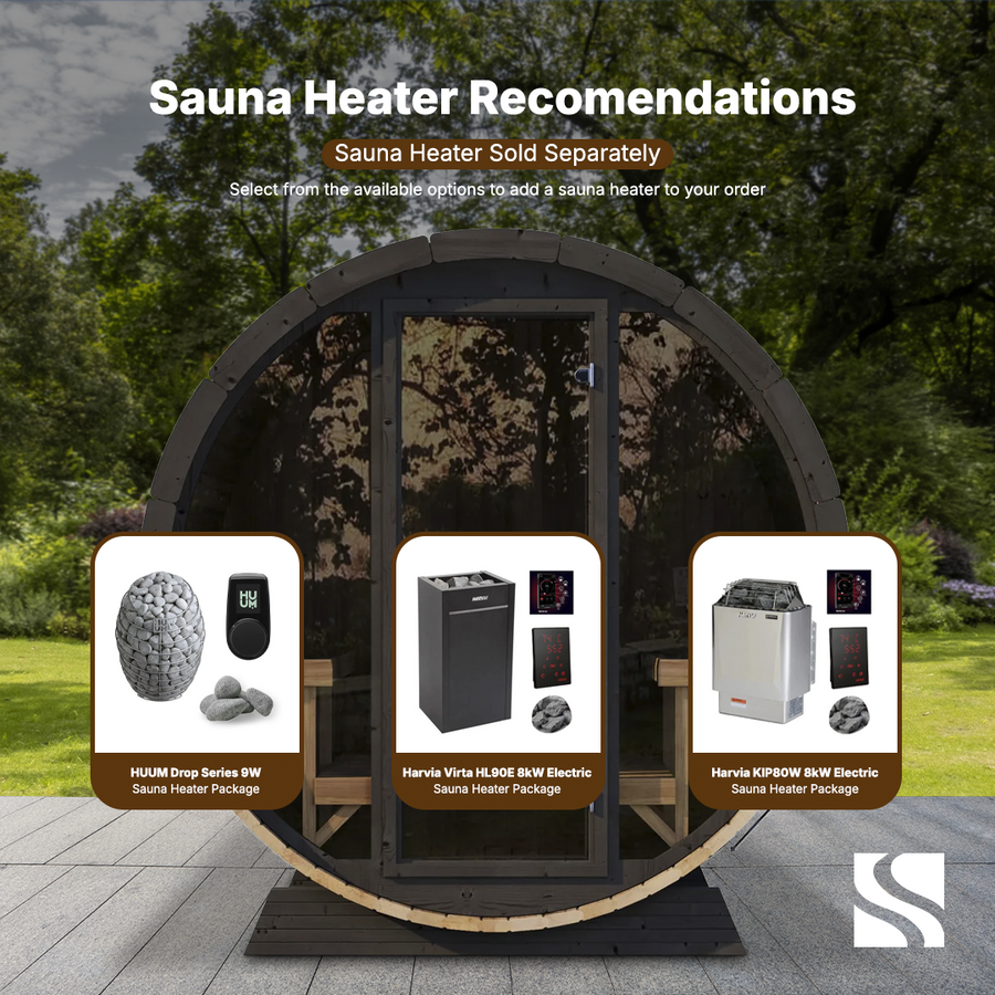 The SaunaLife Model EE8G 6 Person Barrel Sauna is shown with heater options: HUUM Drop Series 9kW, Harvia Virta HL90E 8kW Electric, and Harvia KIP80W 8kW Electric. Text: “Sauna Heater Recommendations.” Ideal for your backyard.