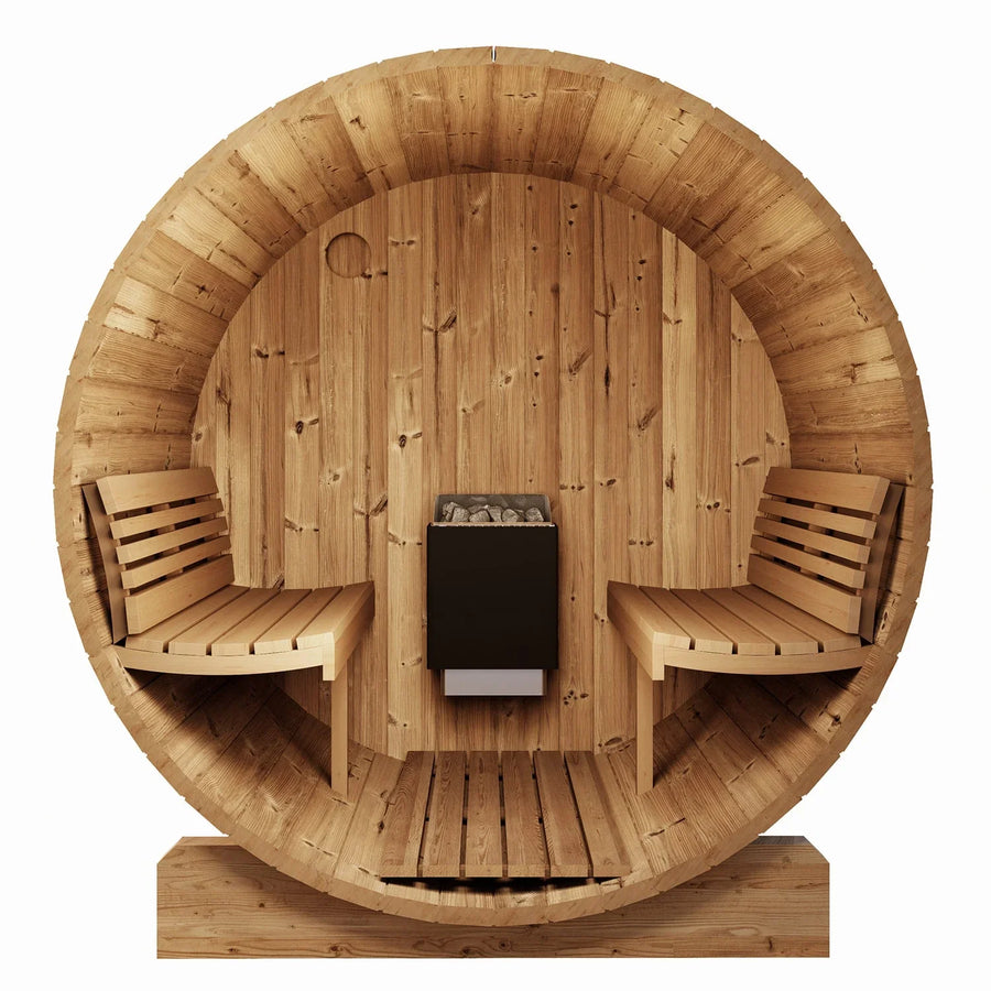 The SaunaLife Model E6W 3 Person Sauna Barrel-Window features a round, barrel-shaped design crafted from light Thermo-Spruce with two facing benches and a central stone-filled heater for a clean, symmetrical look.