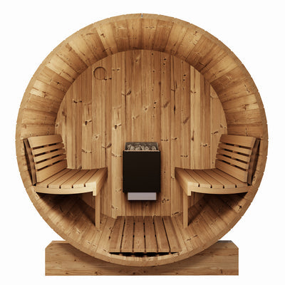 The SaunaLife Model E7W 4 Person Sauna Barrel-Window features ergonomic benches facing each other and a central stone heater, all viewed from the front against a white background—highlighting SaunaLife's comfort and style.