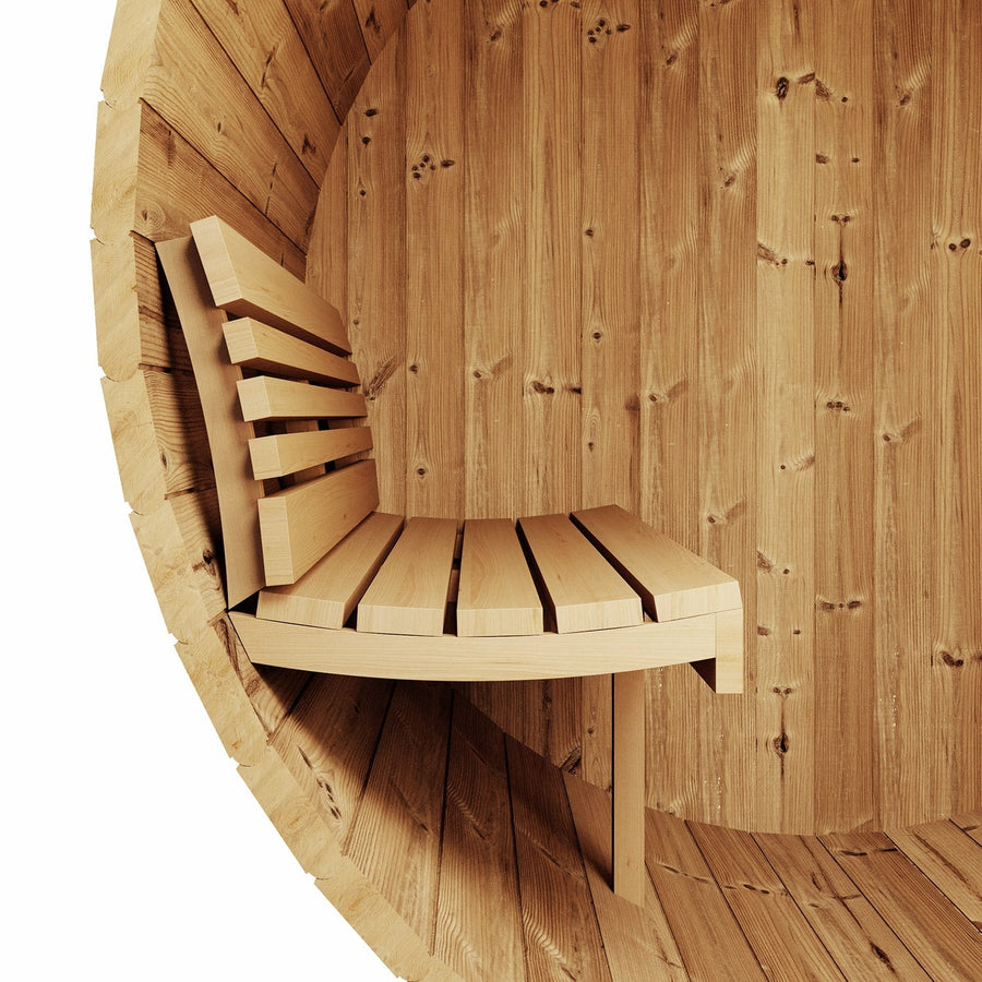 The SaunaLife Model E7G 4 Person Barrel Sauna w/ Glass Front features a light wood slatted bench and backrest, seamlessly attached to its curved wall for an inviting, ergonomic experience.