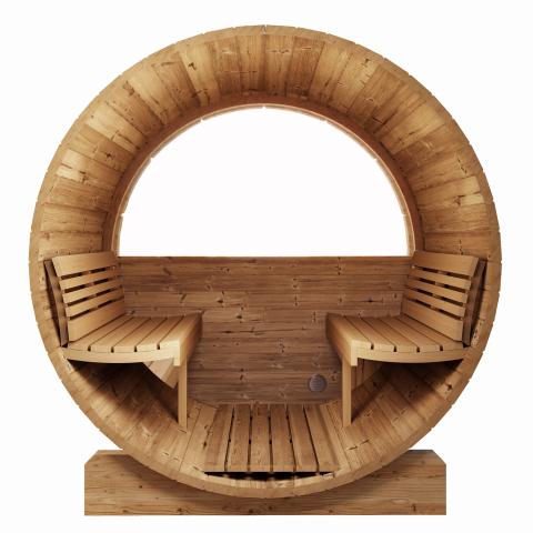 The SaunaLife Model E6W 3 Person Sauna Barrel-Window is a round, Thermo-Spruce outdoor barrel sauna with opposite bench seats on a rectangular wood base, shown front-facing against a white background.