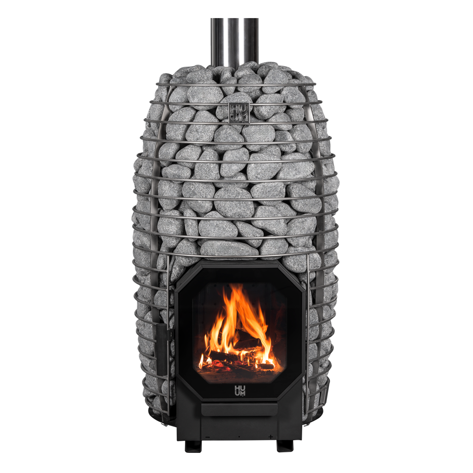 The HUUM Hive Flow Wood Burning Sauna Stove by HUUM features eco-friendly design, a modern look with stacked gray stones, a glass firebox displaying the flames, and two metal chimney pipes extending from the top.