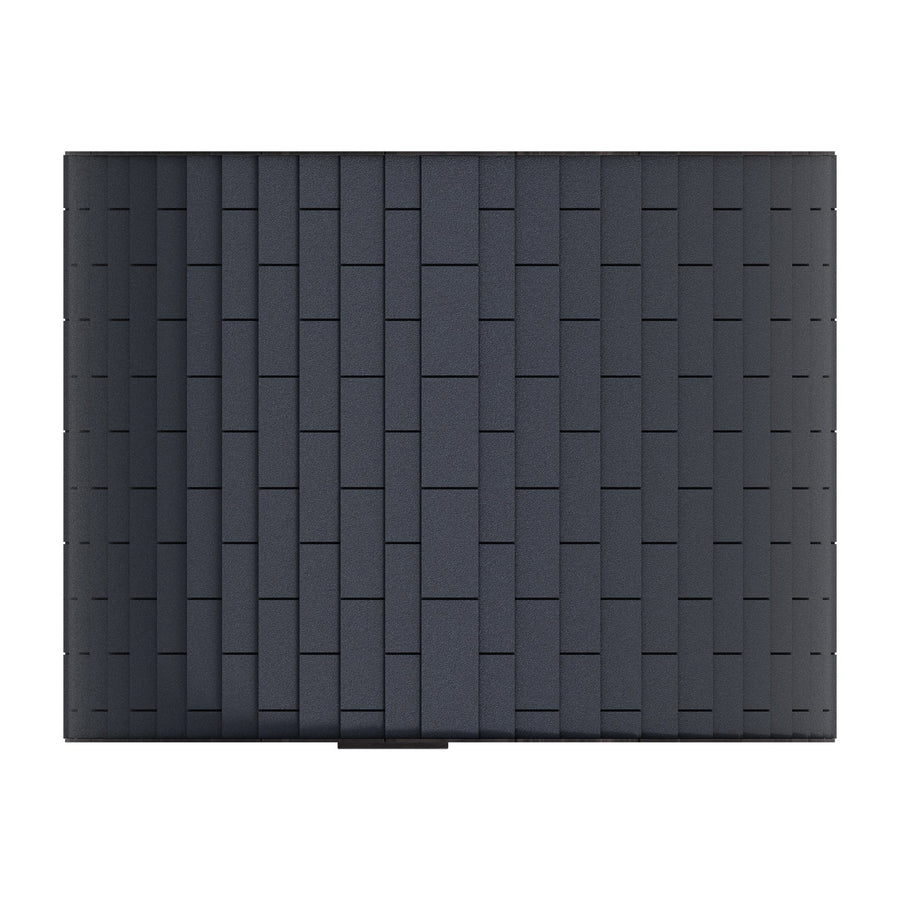 The Finnmark FD-7 Outdoor Hybrid Infrared and Traditional 4-Person Thermo-Aspen Barrel Sauna by Finnmark features a sleek, interlocking brick-patterned black exterior—perfect for enhancing your outdoor sauna experience. Photographed against a white background.