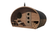 The SaunaLife Model G11 Outdoor 8 Person Sauna by SaunaLife features a barrel shape, curved roof, round window, small porch with a bench and table, and firewood stacked by the door. Perfect for your backyard. Shown on a plain white background.