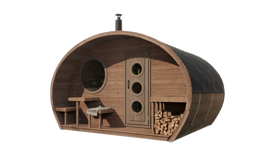 The SaunaLife Model G11 Outdoor 8 Person Sauna by SaunaLife features a barrel shape, curved roof, round window, small porch with a bench and table, and firewood stacked by the door. Perfect for your backyard. Shown on a plain white background.