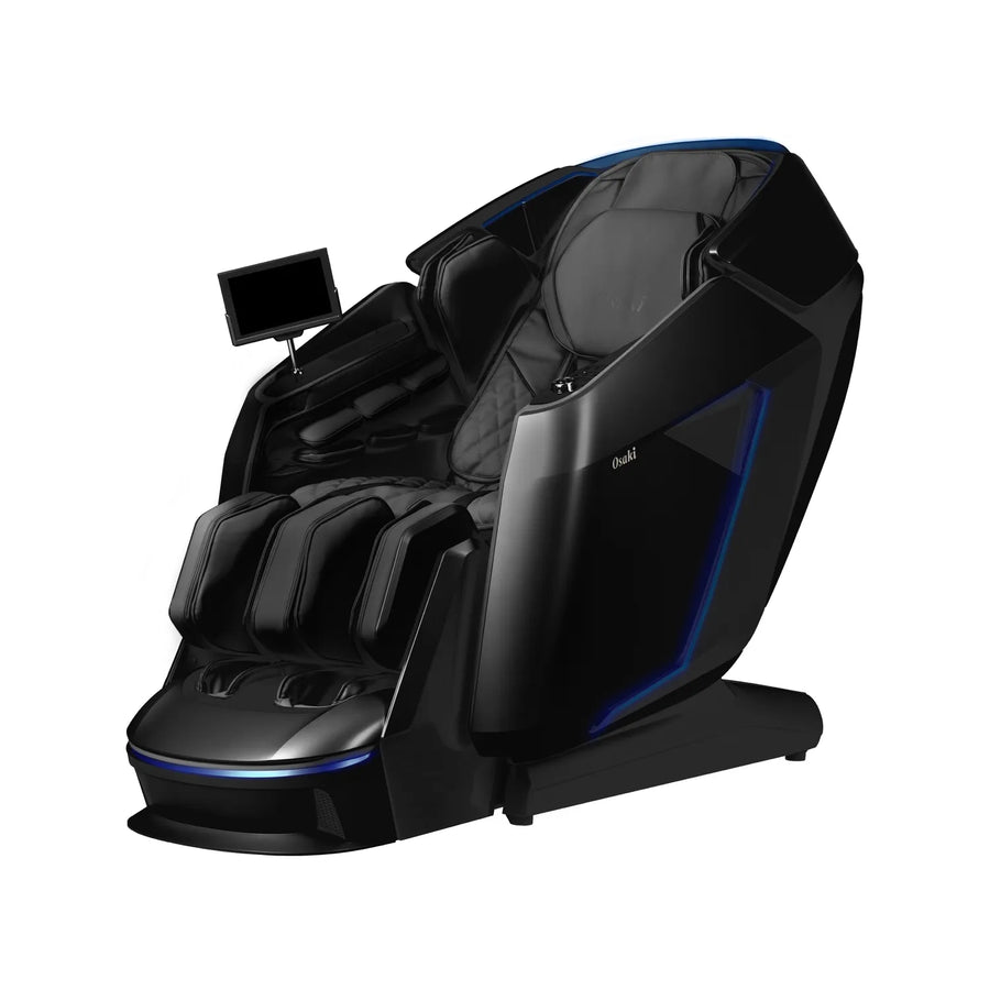 The Osaki Grand Duo 4D+4D Massage Chair in black offers padded cushions, footrests, a touchscreen control panel, blue LED accents, and an AI health sensor for a personalized dual back massage.