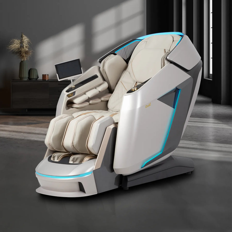 A modern white Osaki Grand Duo 4D+4D Massage Chair with blue LED lights, dual back massage, and a built-in control screen stands in a chic room with dark walls, large windows, and minimalist decor.