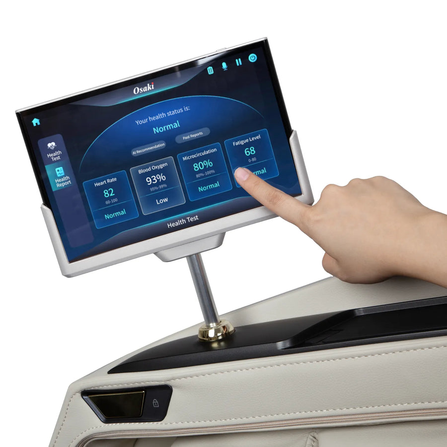 A hand interacts with the AI health sensor touchscreen on the beige Osaki Grand Duo 4D+4D Massage Chair, displaying heart rate, blood oxygen, and energy. The screen says: Your health status is: Normal. Enjoy dual back massage and wellness tracking.