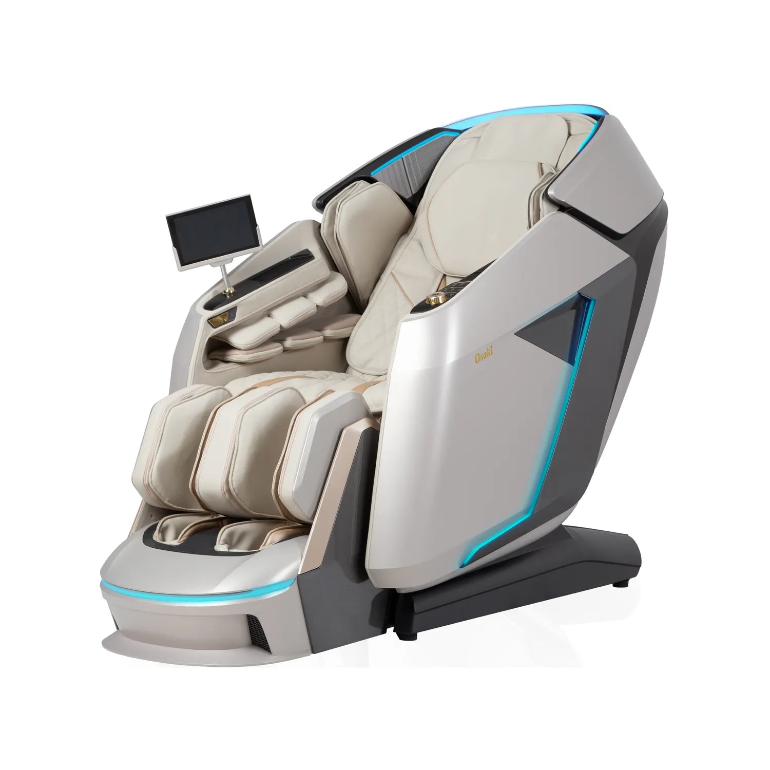 The Osaki Grand Duo 4D+4D massage chair in taupe offers a cushioned seat, built-in display, arm and leg rests, blue LED accents, AI health sensors, and high-tech features for a personalized full-body massage.
