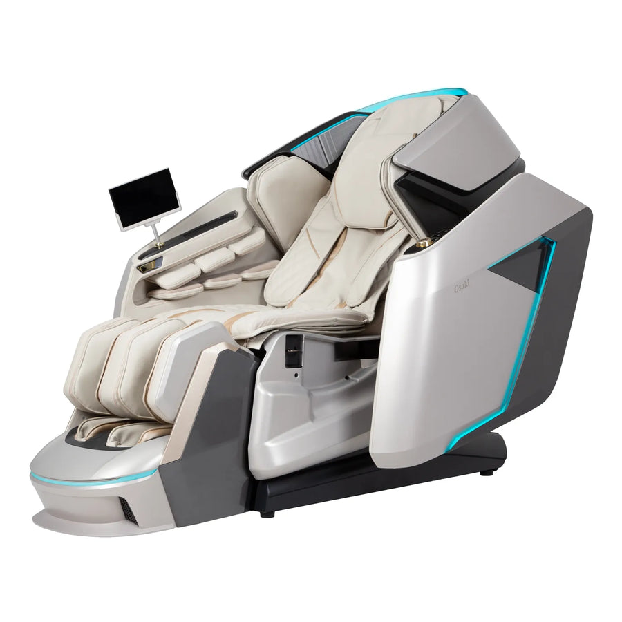 The Osaki Grand Duo 4D+4D Massage Chair features cream cushions, a sleek silver and black design, blue LED accents, dual back massage tech, plus an AI health sensor with a touchscreen control panel.