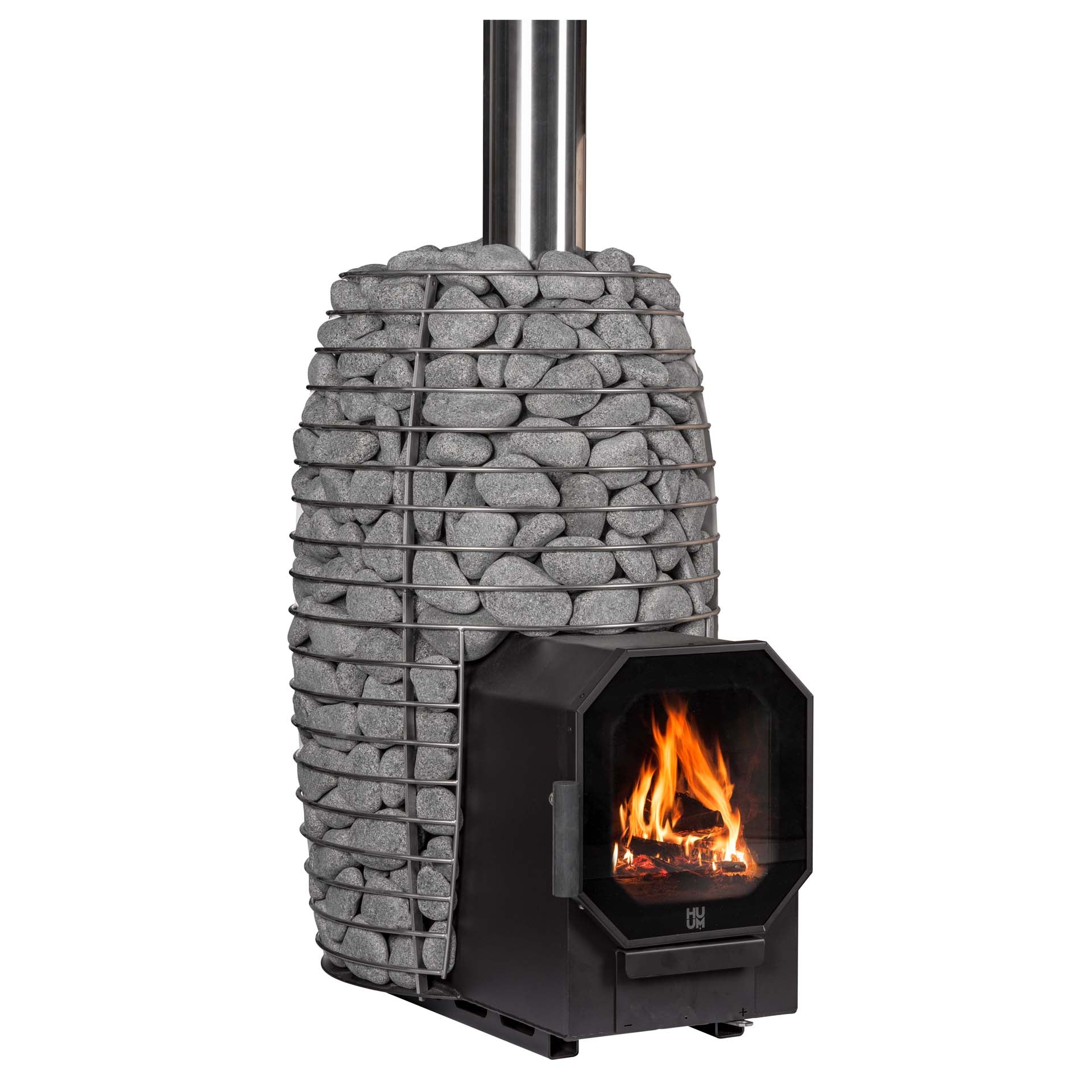 The HUUM Hive Flow LS Wood Burning Sauna Stove by HUUM features a modern metal frame filled with gray stones and a black firebox at the base, where flames are visible through a glass window.
