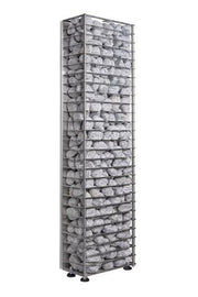 The HUUM CLIFF Mini Series 4kW Sauna Heater Package by HUUM features a tall, rectangular metal wire cage filled with gray stones on four black feet—ideal as a wall-mounted heater for small home saunas.