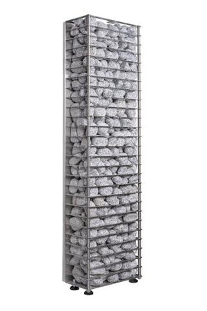 A tall, rectangular metal frame filled with stacked gray stones stands upright on four black feet, closely resembling the sleek HUUM CLIFF Mini Series 4kW Sauna Heater Package by HUUM.
