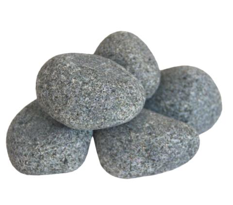 A small pile of Harvia R-991 Round Sauna Stones by Harvia, made of smooth, rounded olivine diabase, stacked together on a white background.