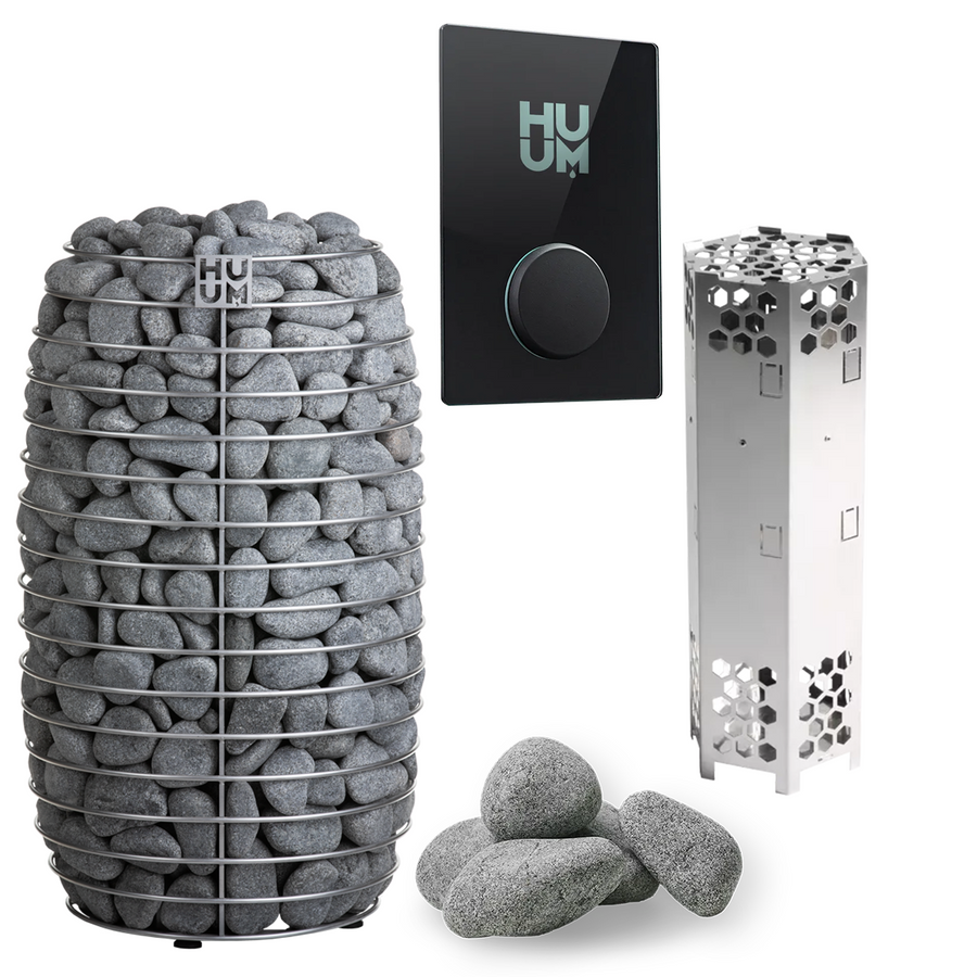 The HUUM HIVE Mini Series 10.5kW Sauna Heater Package includes a HUUM heater, gray stones, digital control panel, metal heating element, and extra sauna stones—an ideal stylish centerpiece from HUUM for your sauna setup.