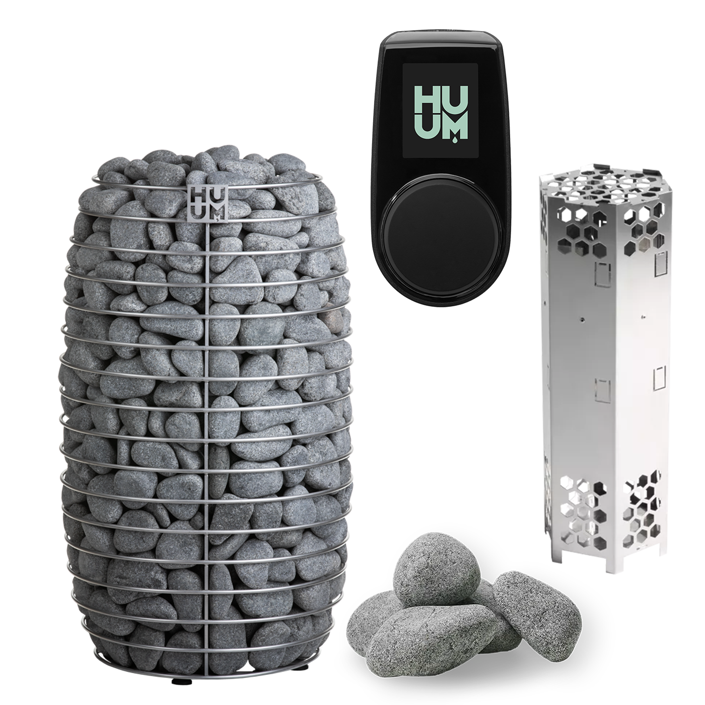 The HUUM HIVE Mini Series 6.0kW Sauna Heater Package by HUUM features a stone-filled electric heater, digital control panel, metal components, and loose sauna stones shown on a white background.